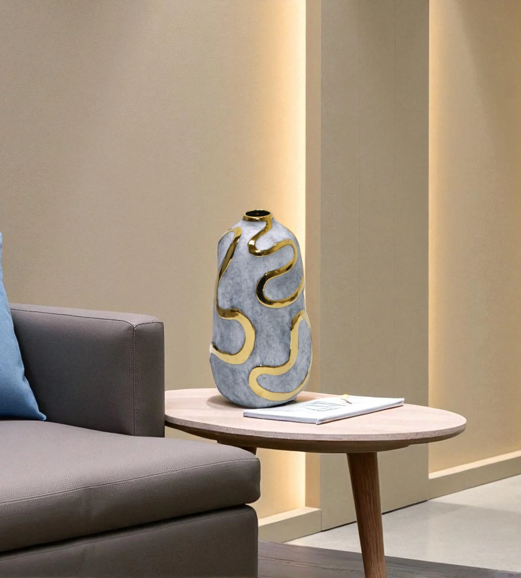 ceramic vase grey & golden wavy lines large china