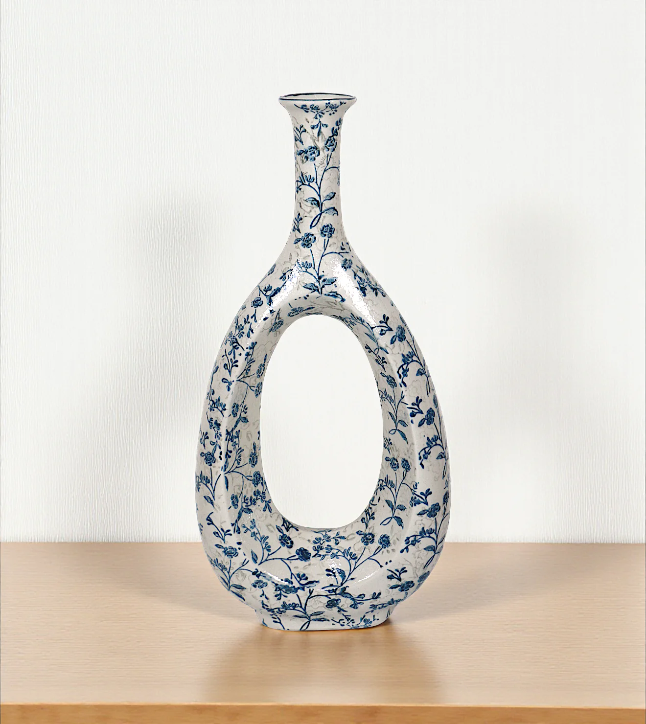 ceramic vase oval white & blue china 16.5x7.5