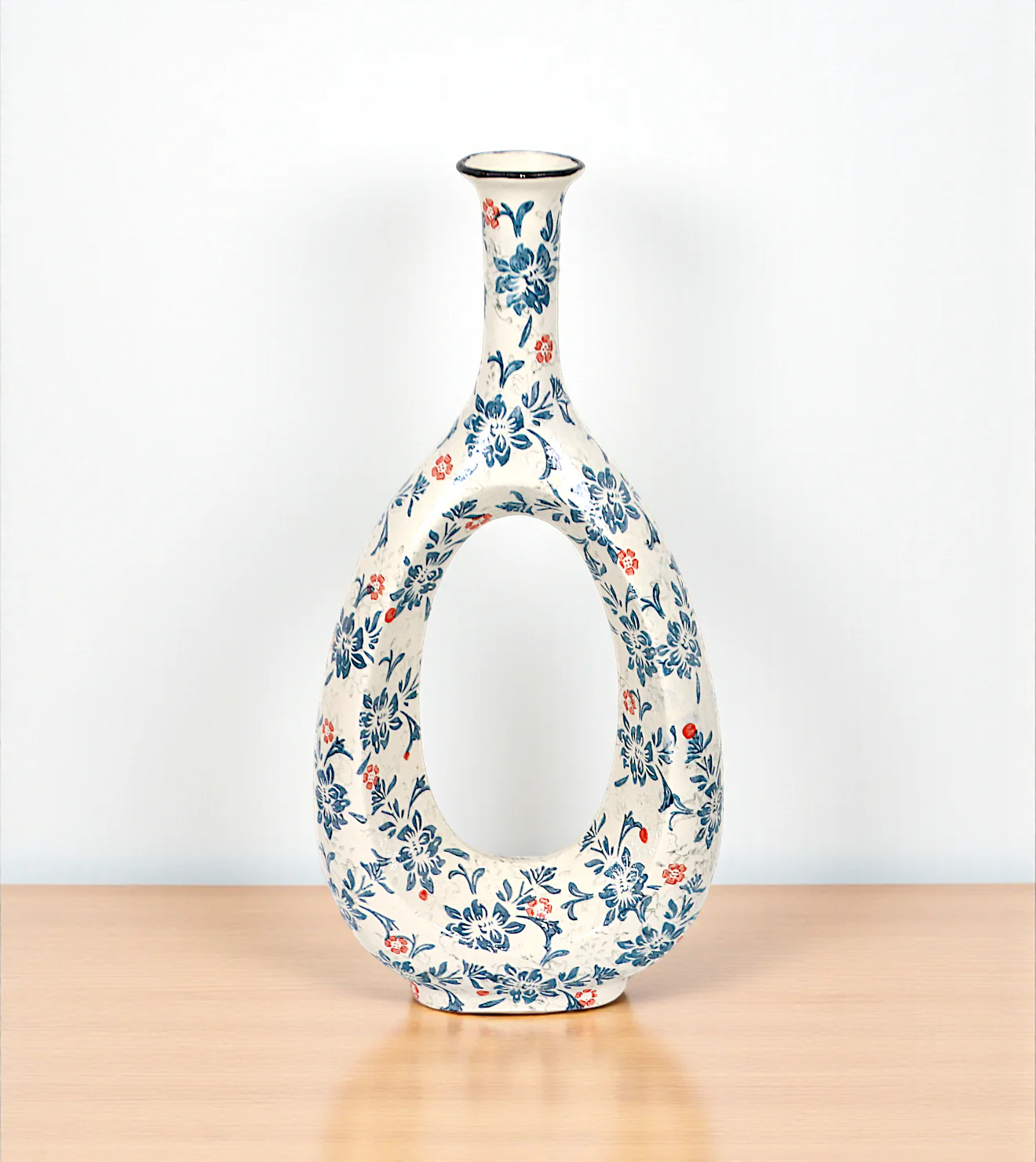 ceramic vase oval white & blue china 16.5x7.5