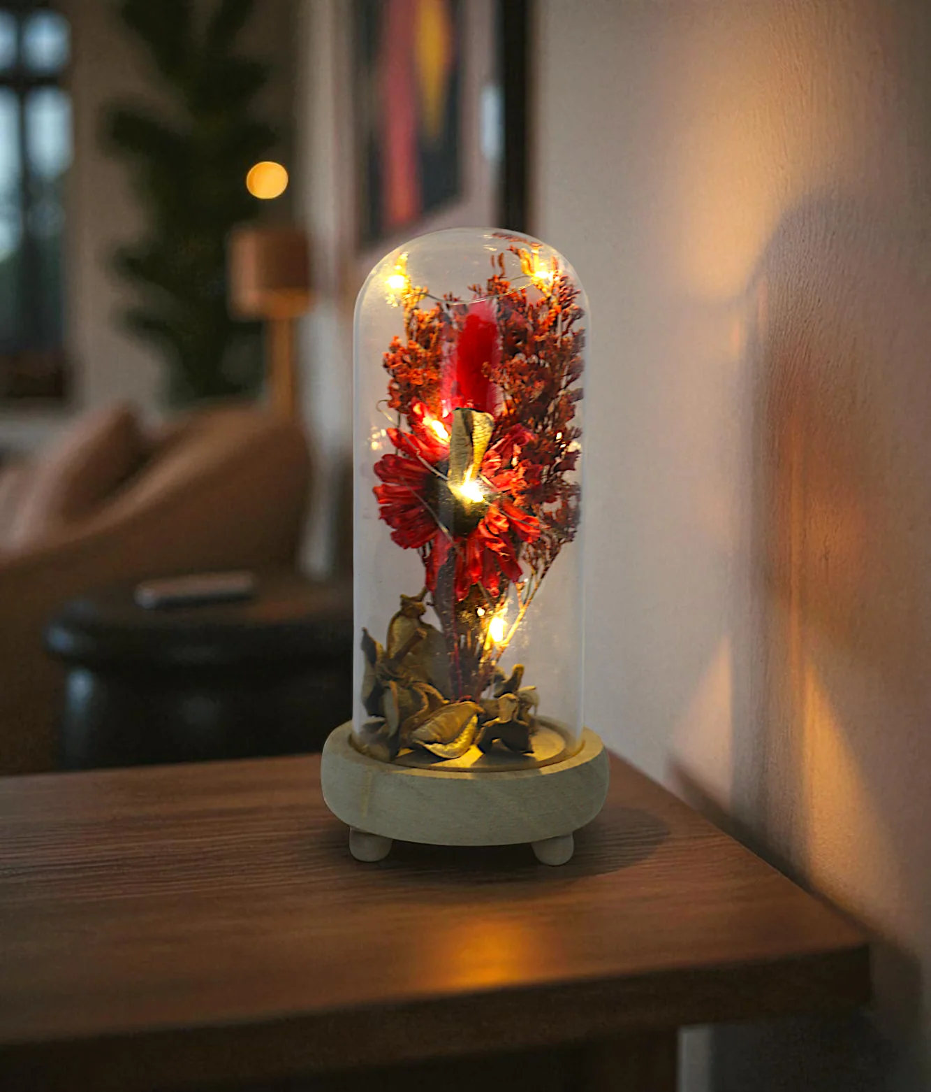 dry flower in glass red china "7.5x3.3"