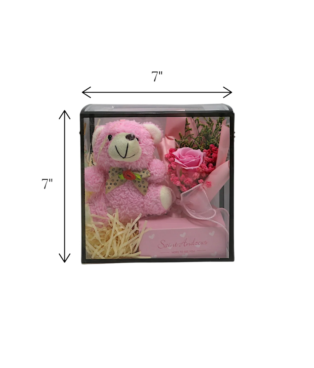 gift box teddy with pink flower bouquet china (7"x7") - Image 2