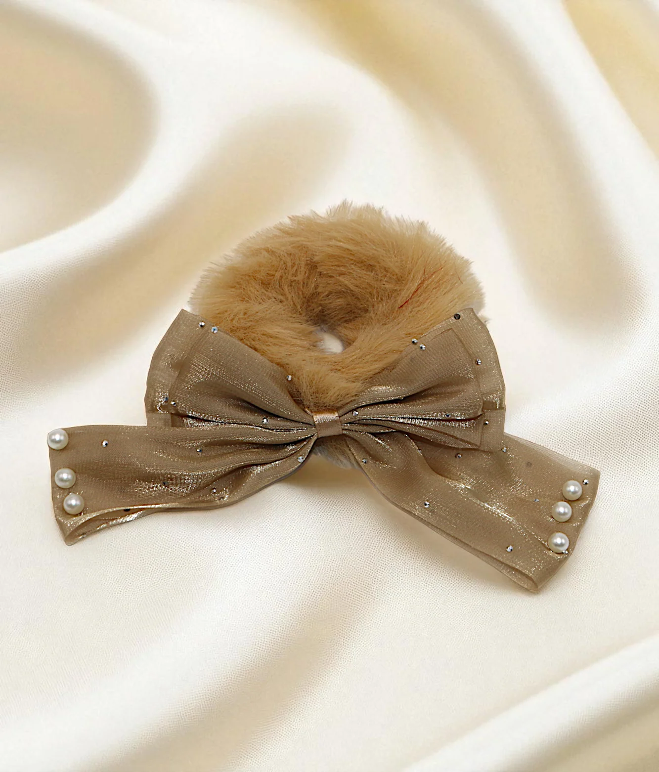 hair tie soft furr with silky bow mix color - Image 2