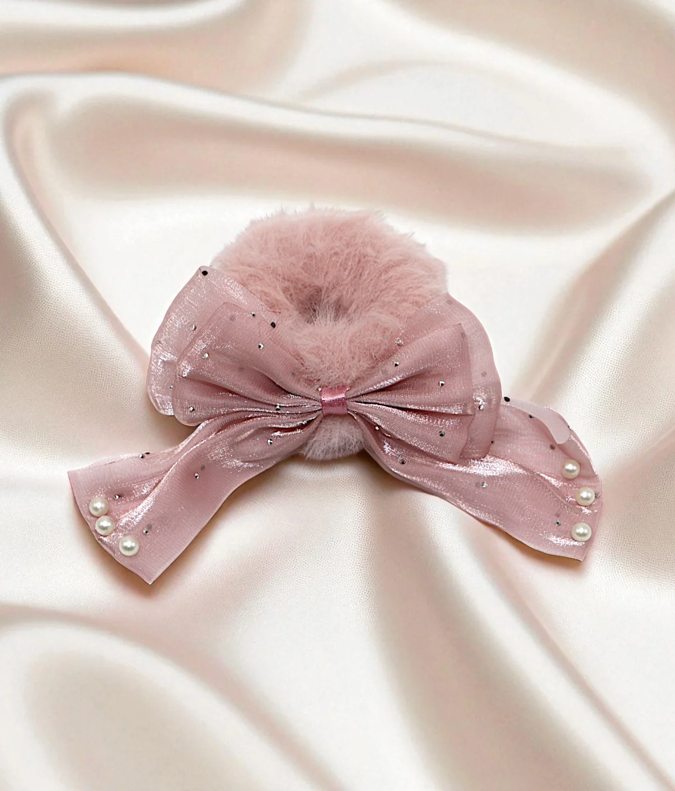 hair tie soft furr with silky bow mix color - Image 3