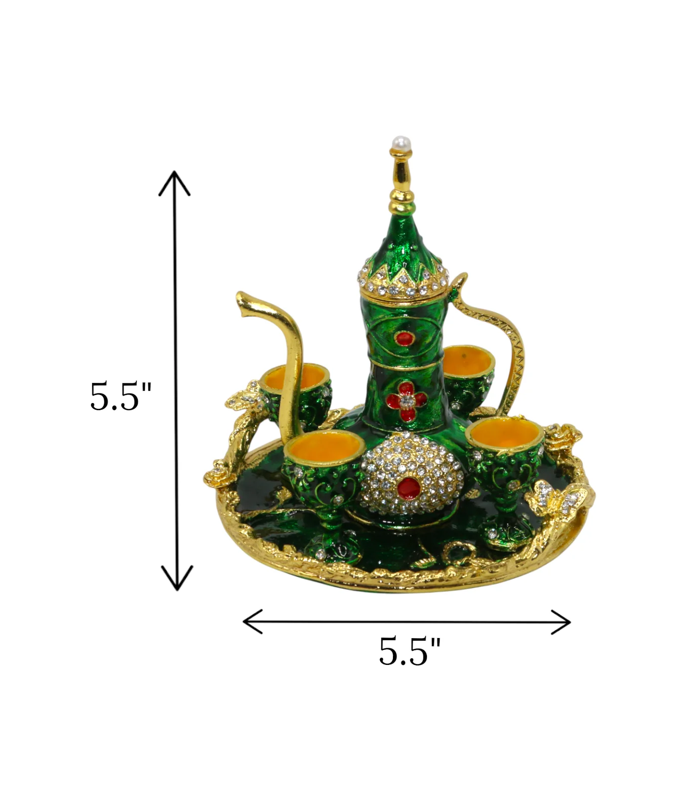 metal turkish mini tea set 4 glass green china "5.5x5.5" - Image 2