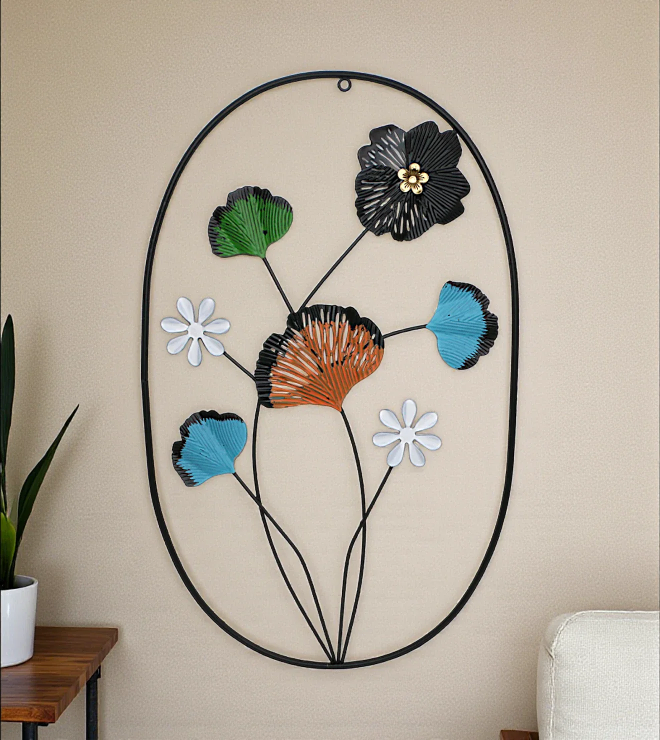 metal wall hanging oval 4 leaf & flower china 27.3x17