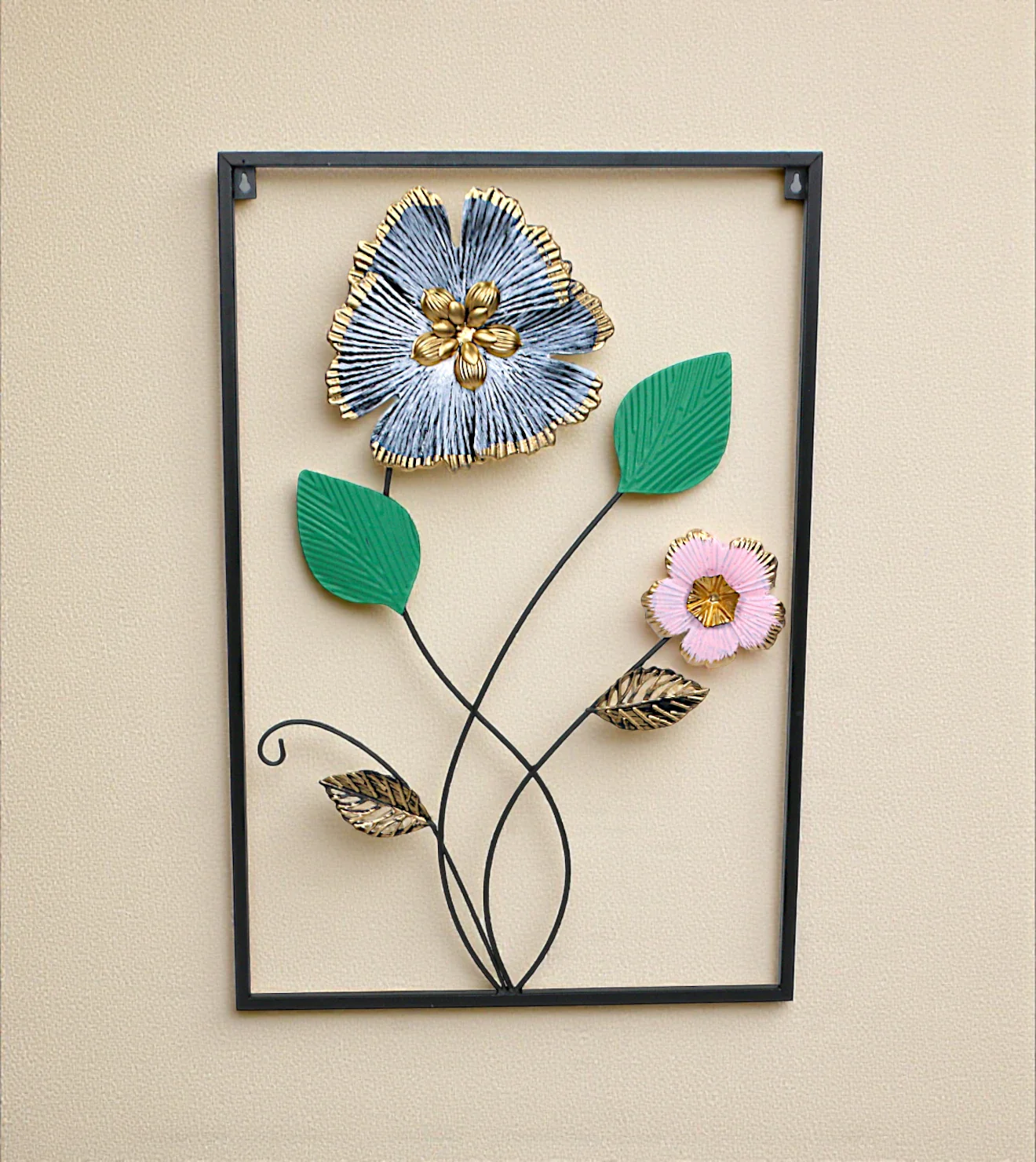 metal wall hanging rectangle 2 flower & leaves china 23.5x15.6
