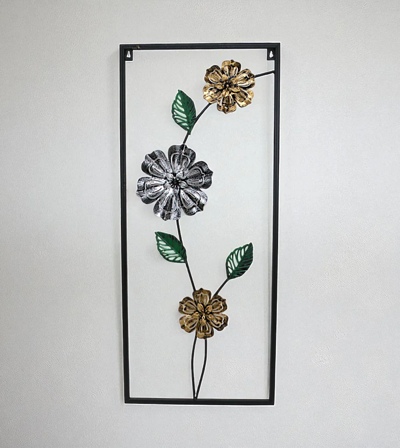 metal wall hanging rectangle 3 flower & leaves china 27.5x11.9