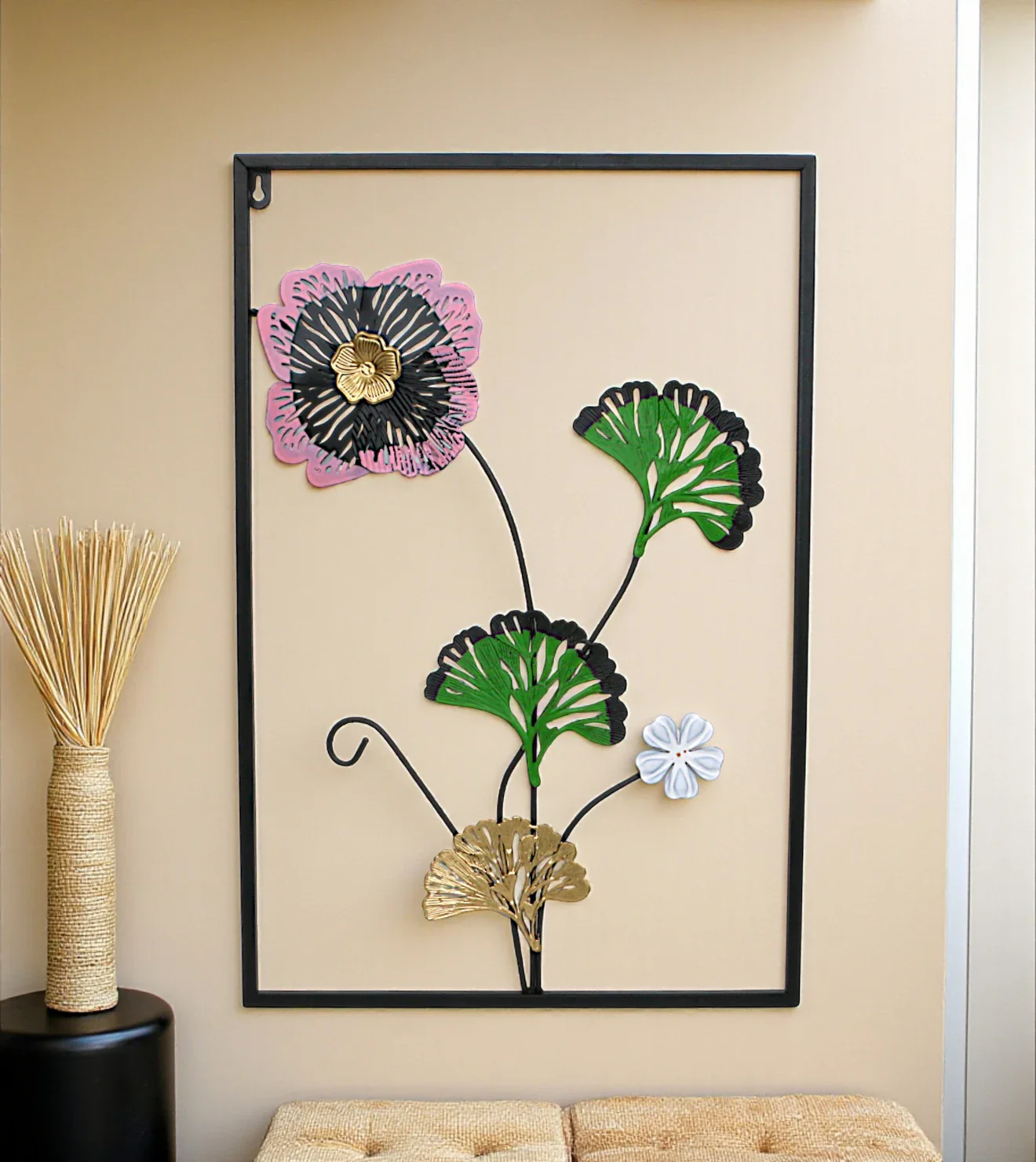 metal wall hanging rectangle 3 leaves & flower china 23.5x15.6