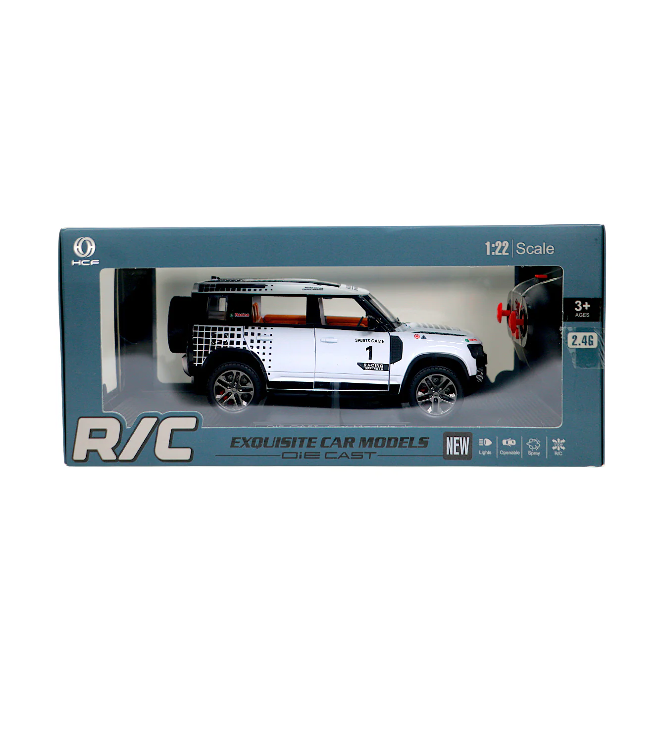 remote control die-cast metal jeep defender model 1:22 chargeable with spray, lights & usb - Image 2