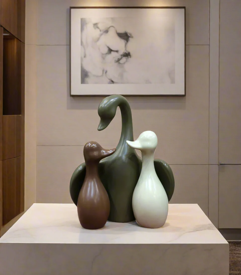 statue ceramic swan family china d265