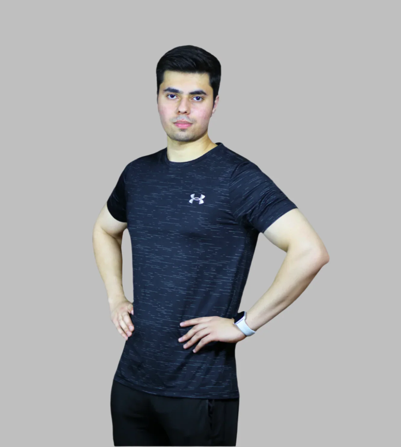 t shirt half sleeves under armour black with green lines 711 - Image 2