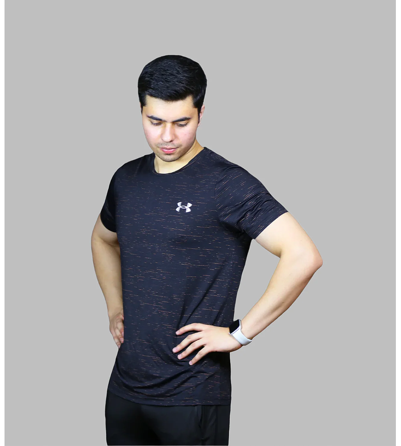 t shirt half sleeves under armour black with orange lines 711 - Image 2