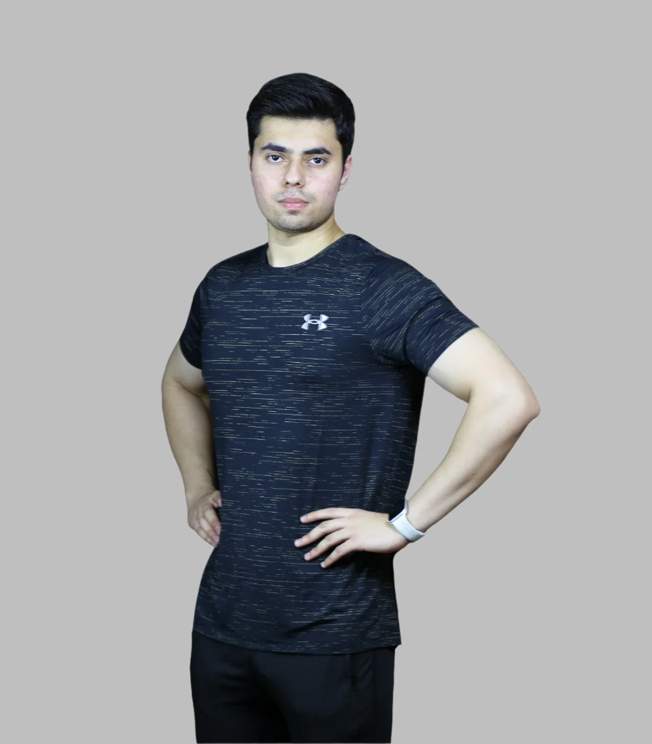 t shirt half sleeves under armour black with yellow lines 711 - Image 2