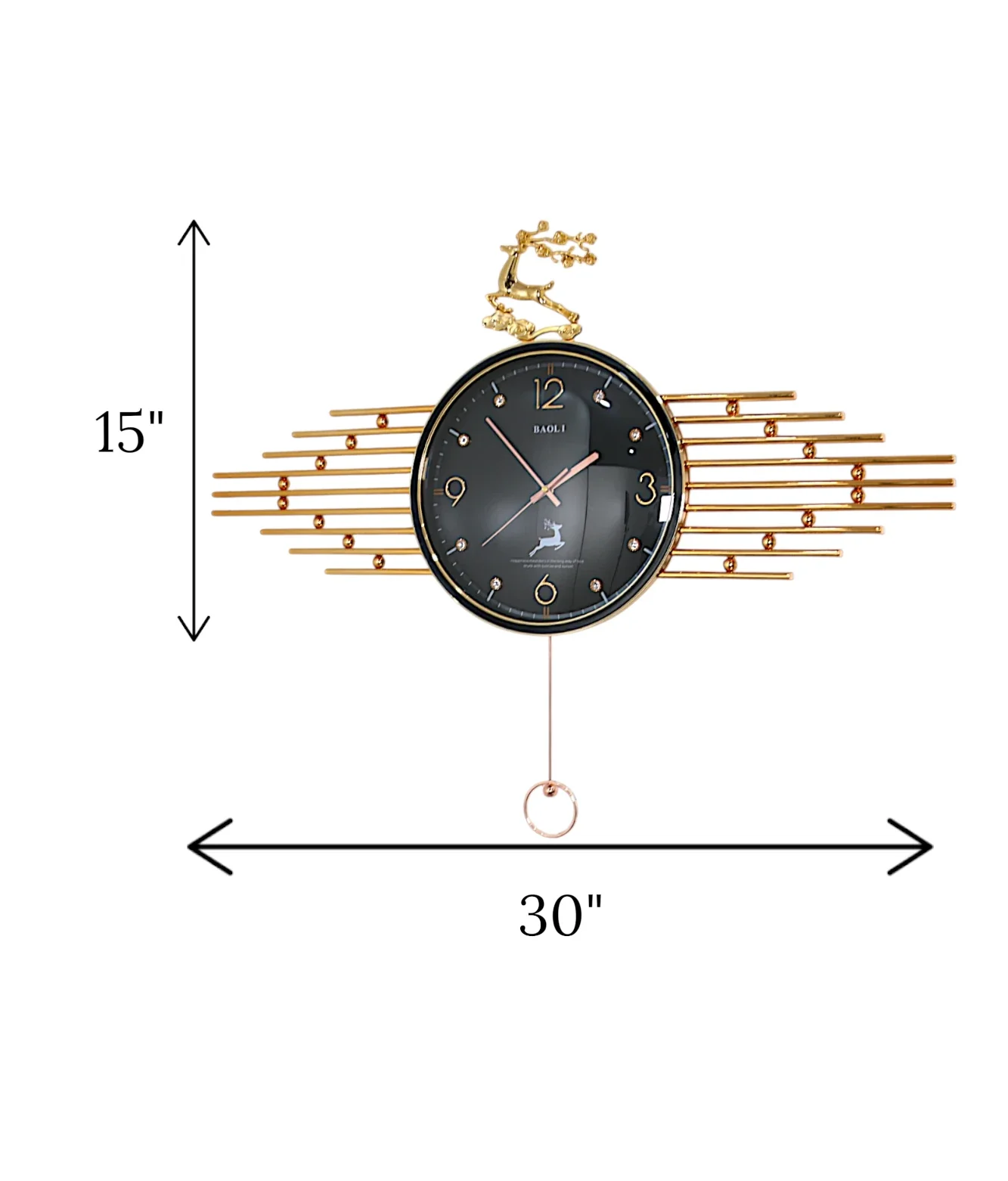 wall clock deer with pendulum black & golden china "30x15" - Image 2