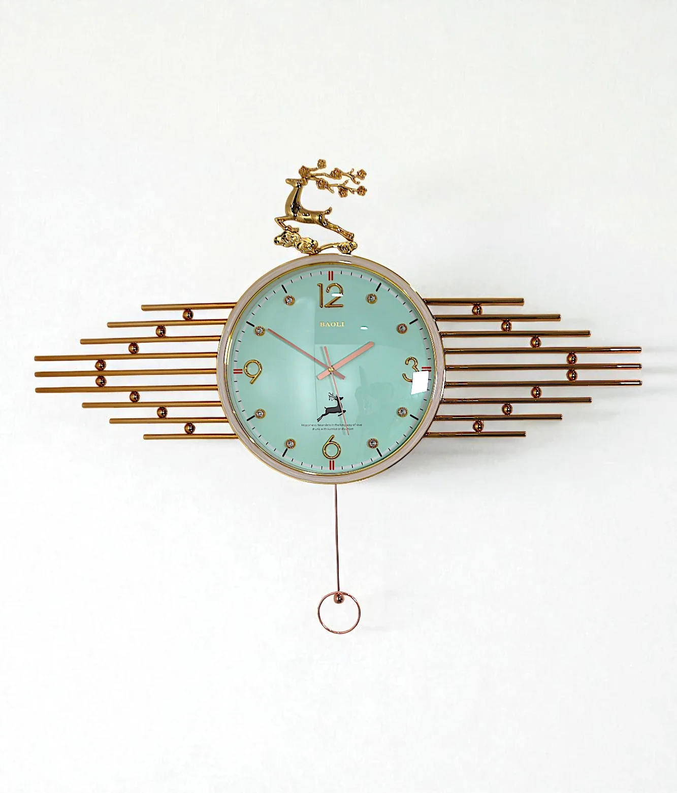 wall clock deer with pendulum green & golden china "30x15"