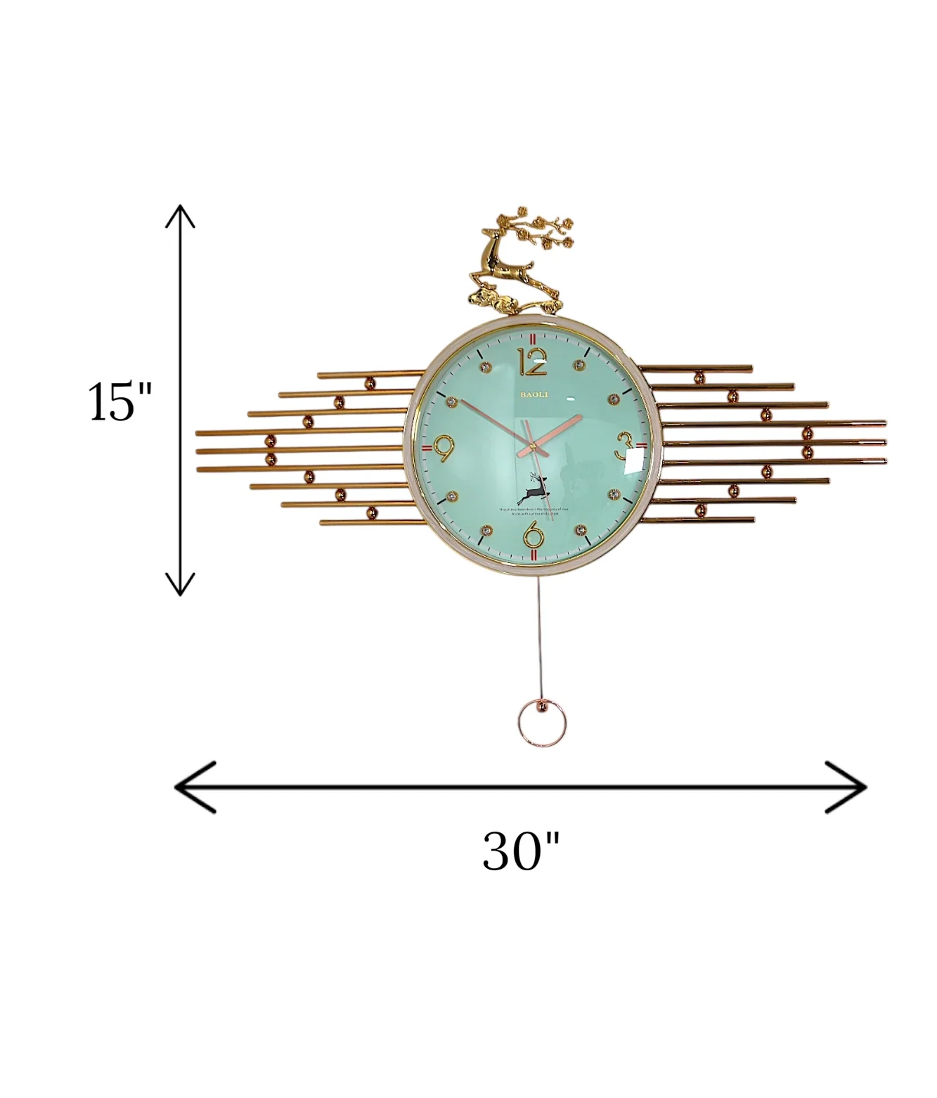 wall clock deer with pendulum green & golden china "30x15" - Image 2