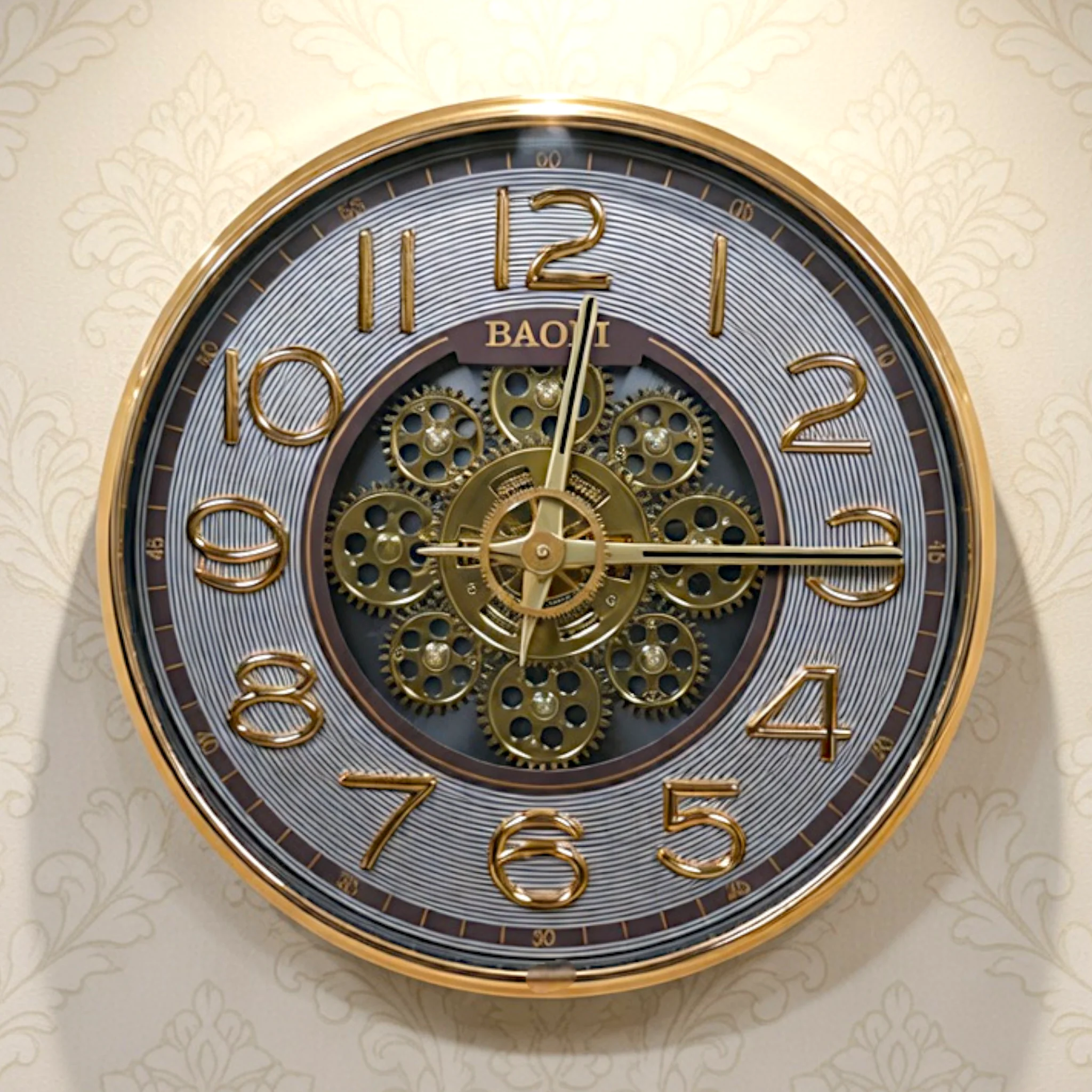 wall clock moving gear brown & golden china 13.5"x13.5"