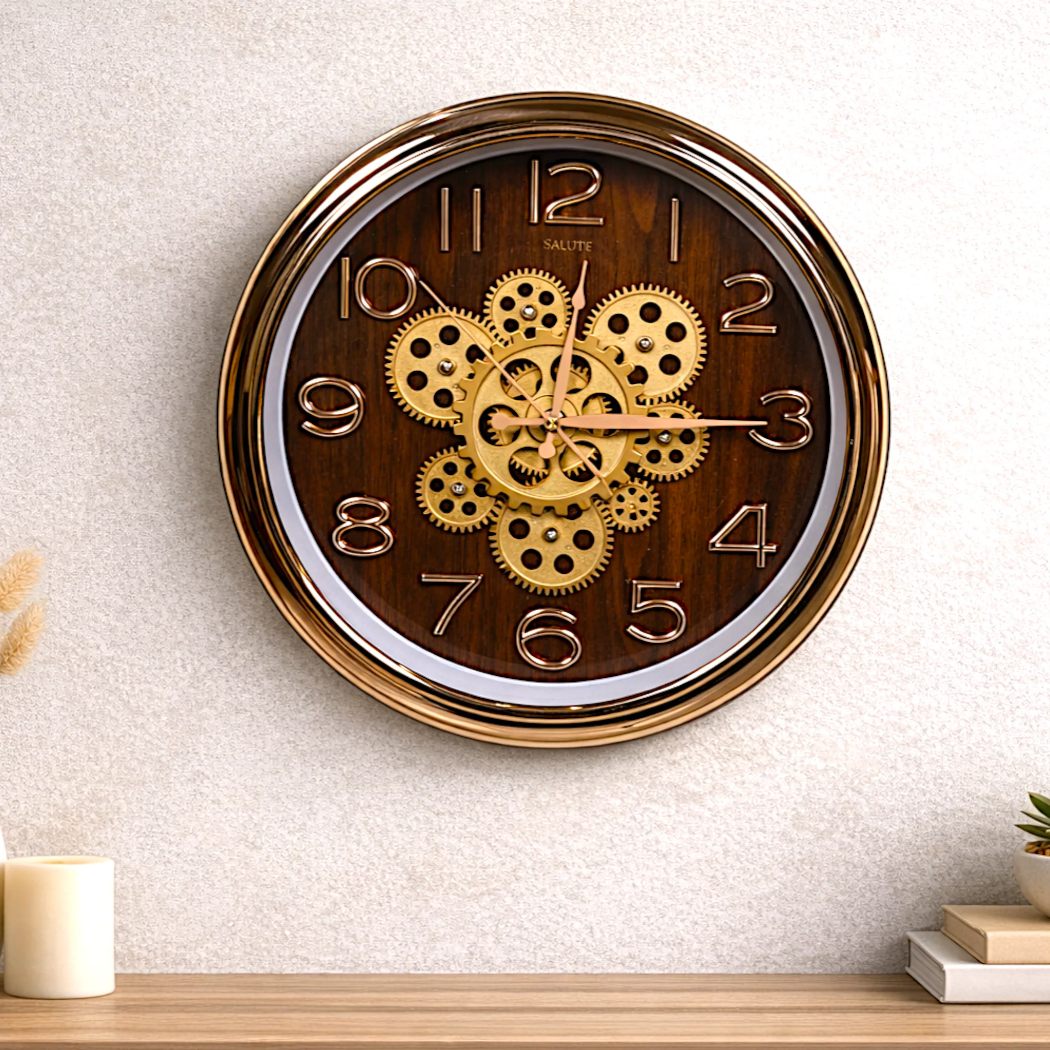 wall clock moving gear brown & golden china 15"x15"