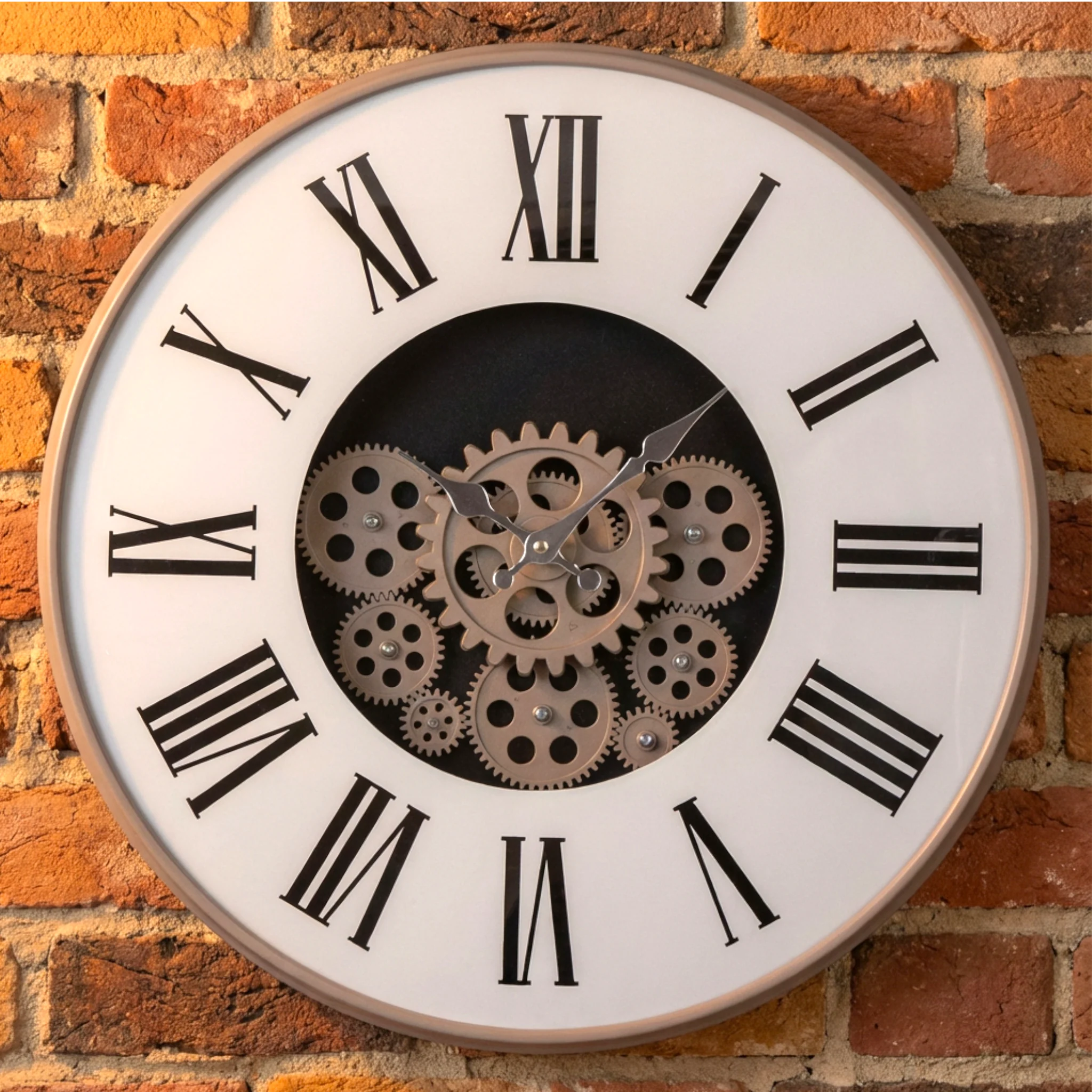 wall clock moving gear white roman china 18x18