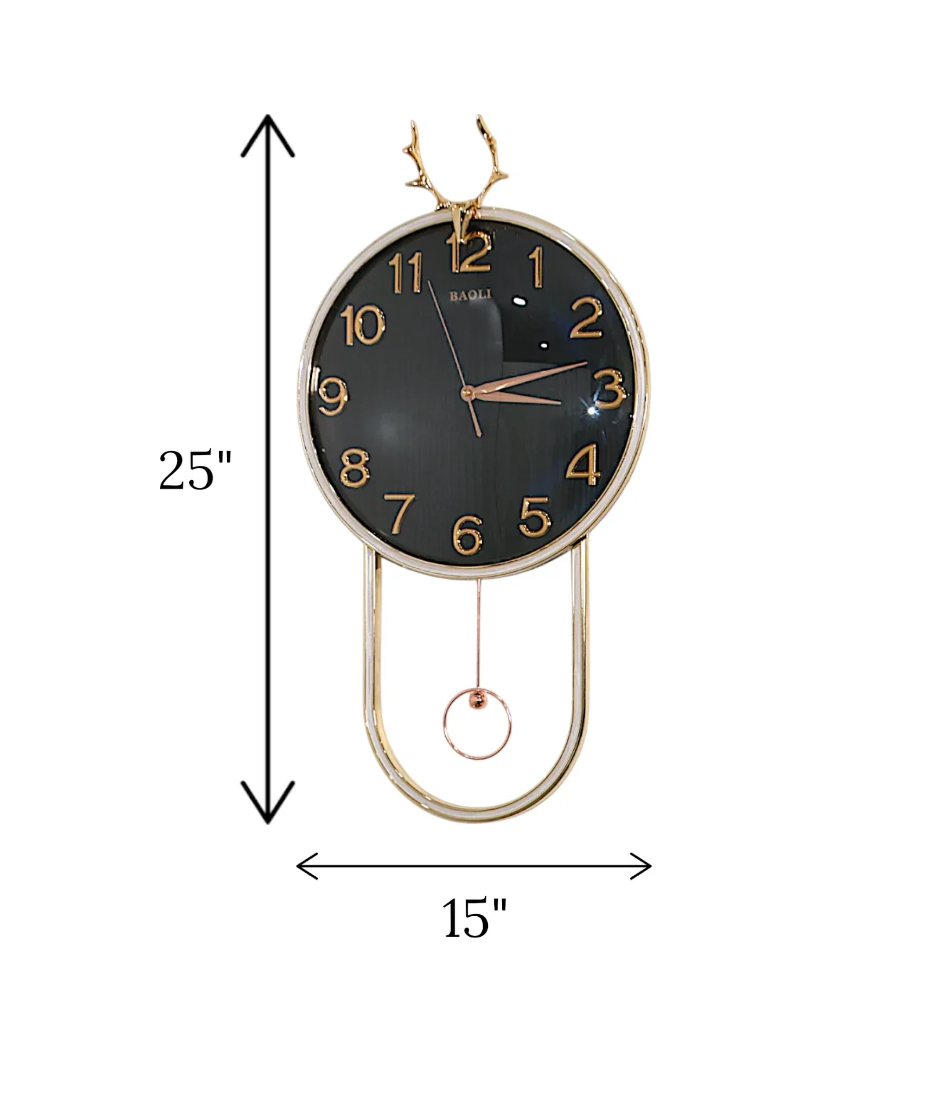 wall clock with golden deer & pendulum black china "25x15" - Image 2