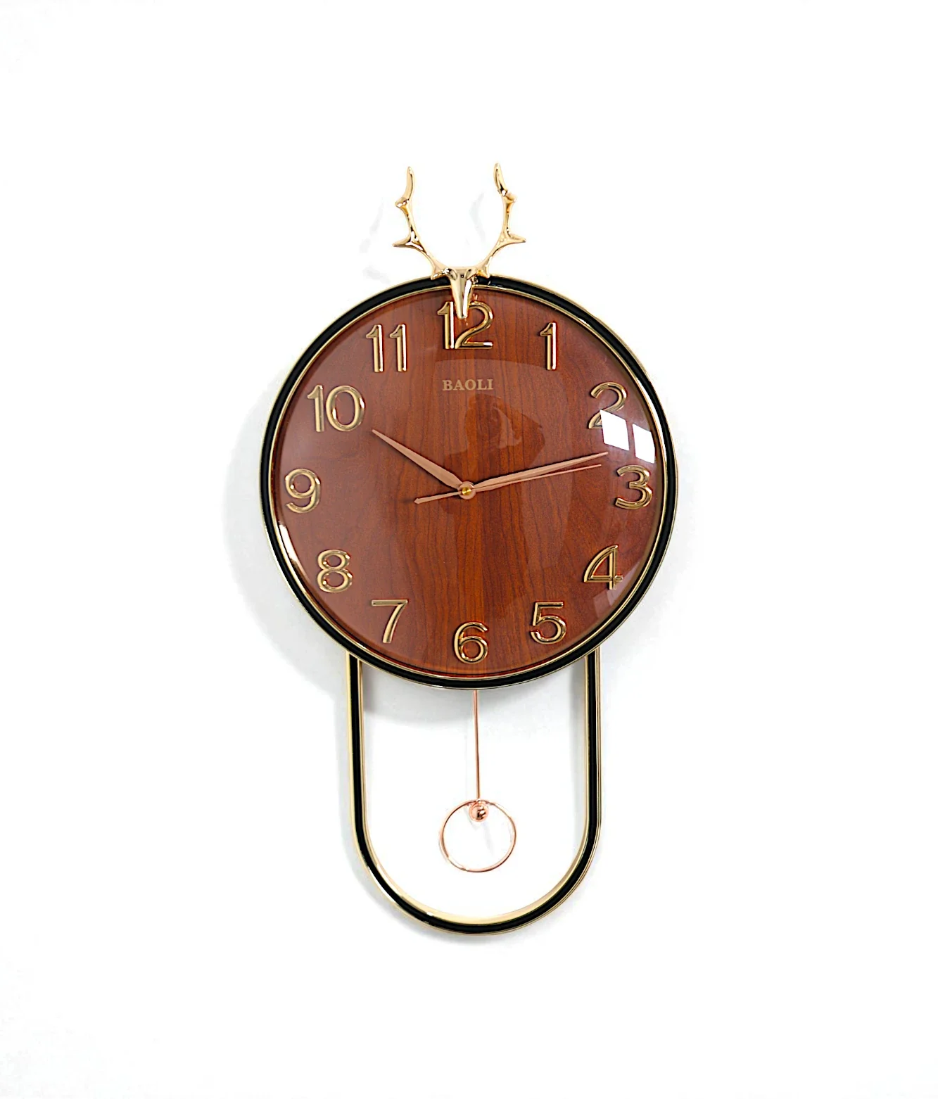 wall clock with golden deer & pendulum brown china "25x15"