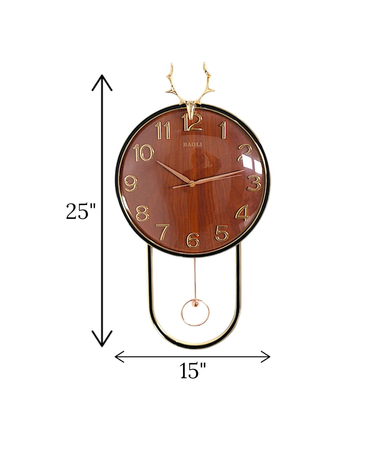 wall clock with golden deer & pendulum brown china "25x15" - Image 2