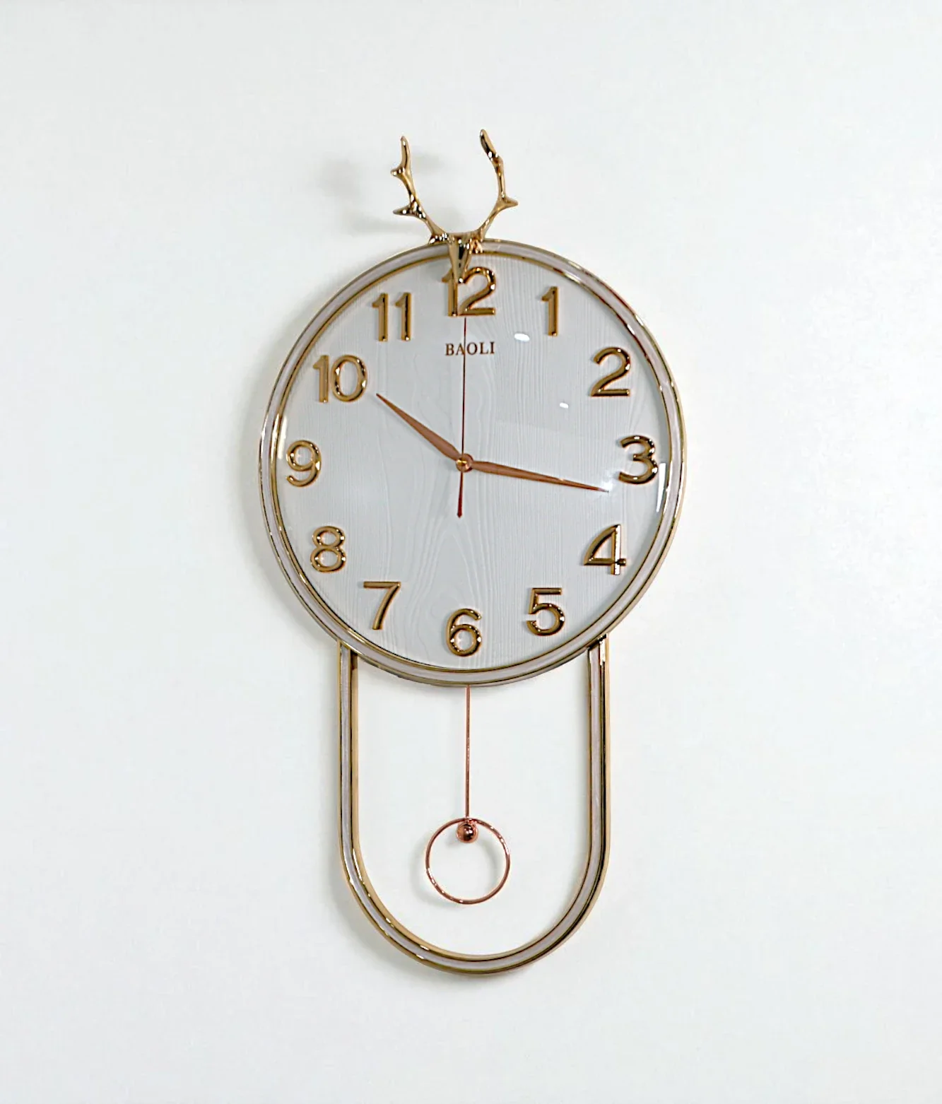 wall clock with golden deer & pendulum white china "25x15"