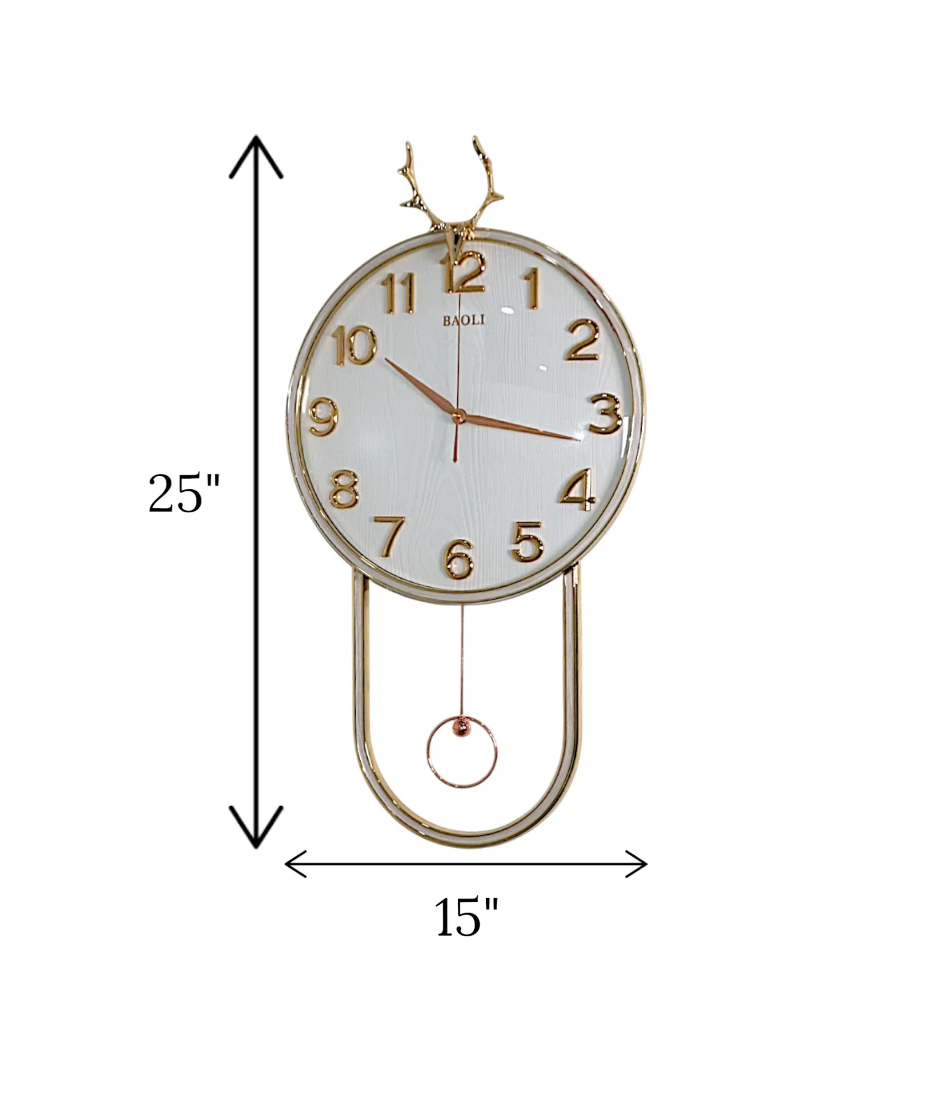 wall clock with golden deer & pendulum white china "25x15" - Image 2