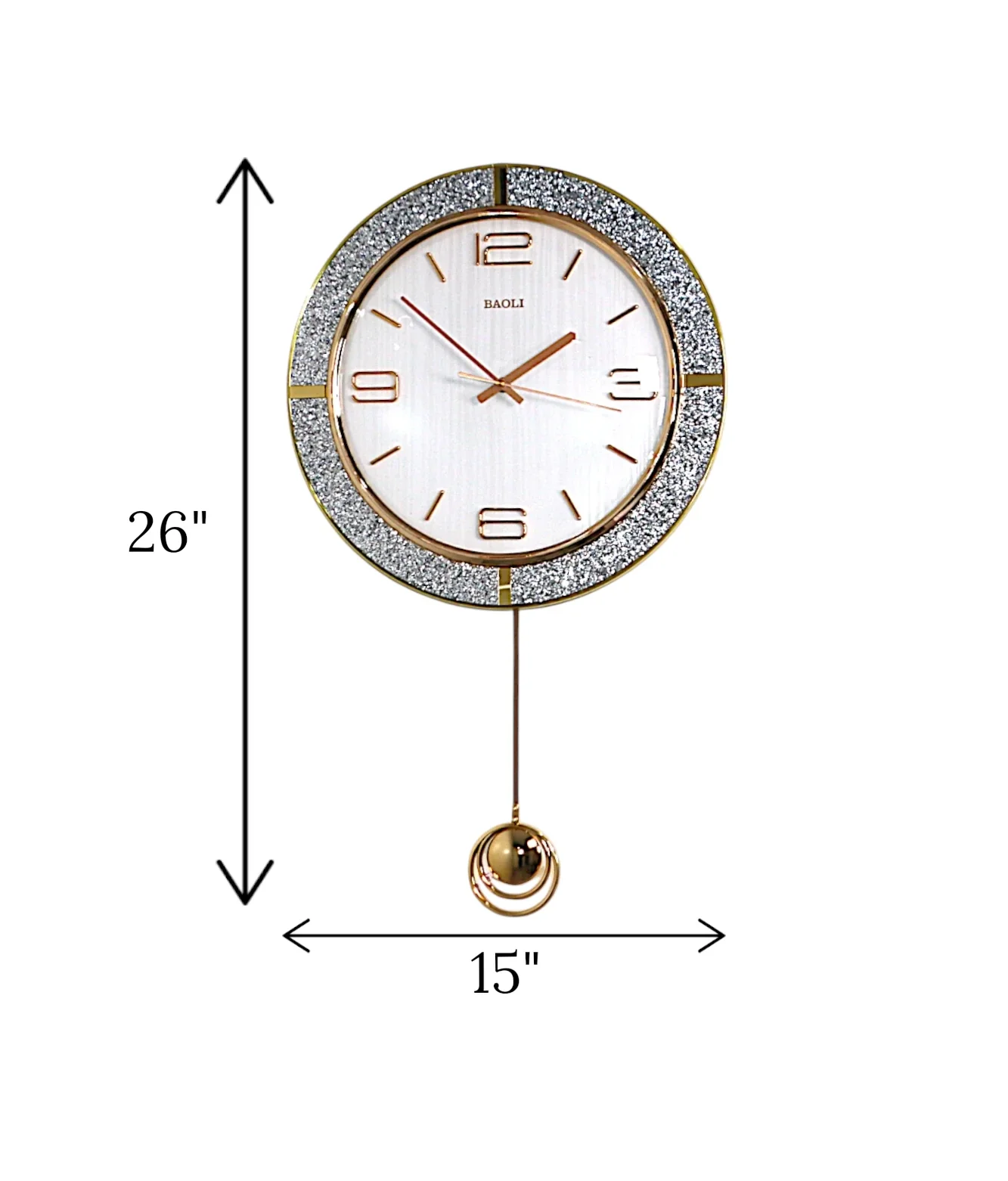 wall clock with pendulum white & golden glitter china "26x15" - Image 2